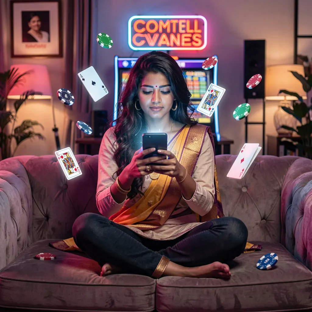Focused Indian woman using the LS7 casino app on her smartphone as vibrant chips and cards float around her in a neon lit scene