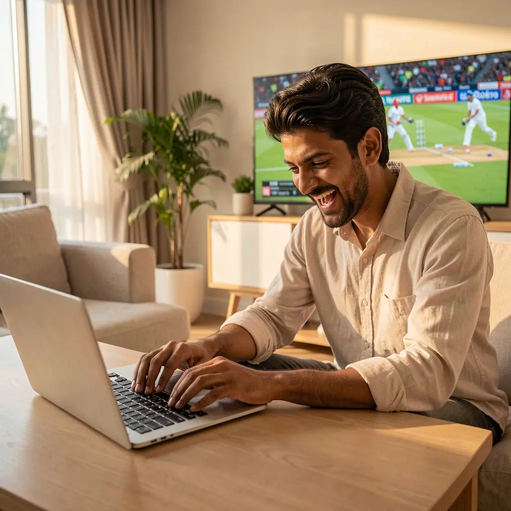 Excited Indian sports fan celebrating a winning bet while using the LS7 betting platform on a laptop during a live cricket match at home