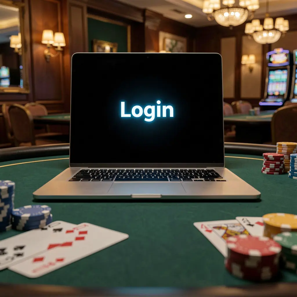 Modern laptop on a casino table with poker chips and cards showing the LS7 login screen for secure player sign in in India